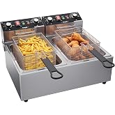 Commercial Deep Fryer, Dual Tank 3000W Electric Countertop Fryer with Basket, 10L Double Stainless Steel Oil Fryer,T60 Minute Timer for Home Kitchen and Restaurant(20L)