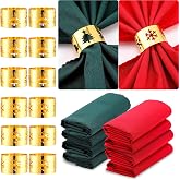 Gandeer 24 Pcs Christmas Napkins and Ring Set Included 12 Snowflake Xmas Tree Gold Napkin Rings and 12 Xmas Napkins Cloth for Winter Christmas Holiday Dinner Party Table Decoration