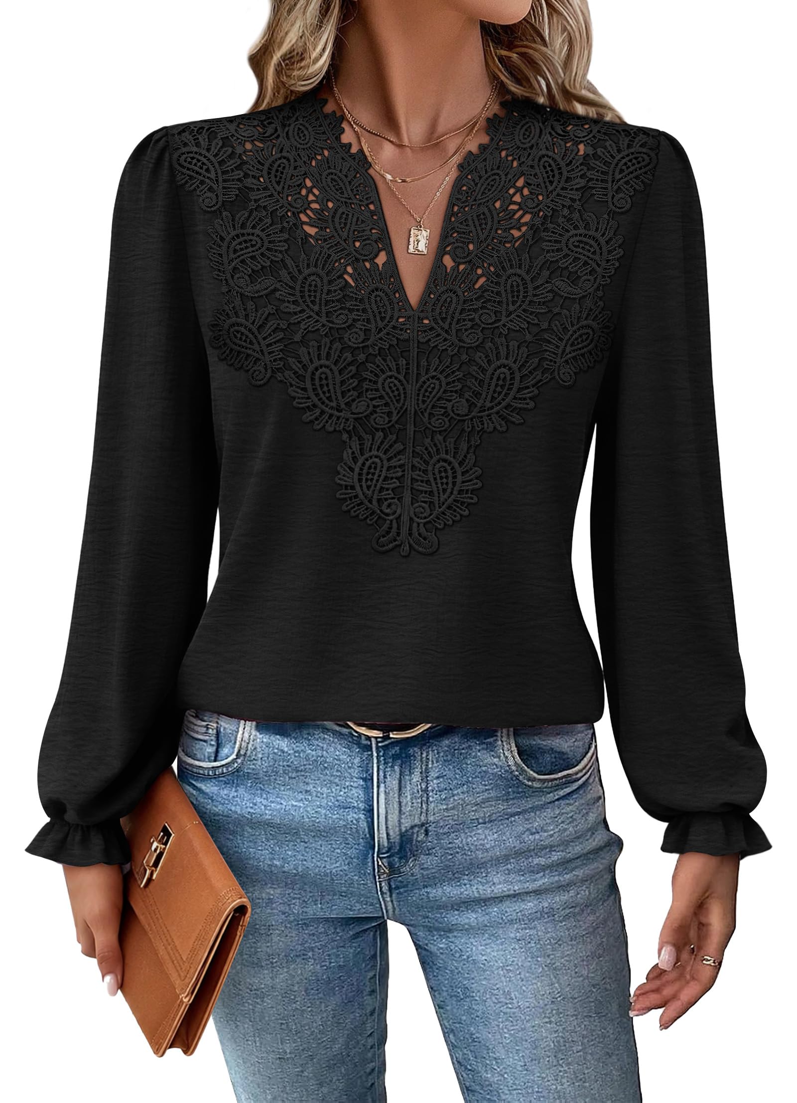 WIHOLL Womens Tops Lace Long Sleeve Tops for Women Boho V Neck Blouses | Elastic Cuffs, Lightweight Fabric, Western Style, Dr