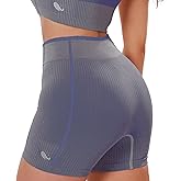 ASTROREMIGES Striped Biker Shorts for Women 4" Seamless Stretchy High-Waisted Ribbed Workout Bottoms No Front for Yoga