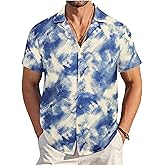 Damipow Mens Printed Linen Cotton Button Down Shirts Long Sleeve Casual Hawaiian Beach Shirt