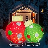 2 PCS Large Pop-Up Christmas Ball Ornaments Outdoor Decorations with Built-in 200 Led Lights Lighted Giant Xmas Ball for Yard Lawn Porch Garden Indoor Home Winter Holiday (Red and Green)