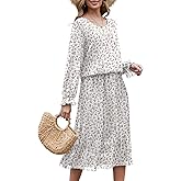 LiCot Womens Casual Midi Dress Long Sleeve Floral Chiffon A Line Flowy Vacation Dresses