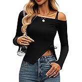 BESTPOEM Womens Off The Shoulder Tops Asymmetrical Neck Ruched Cropped Top Going Out Long Sleeve Slim Fit Tee Shirt