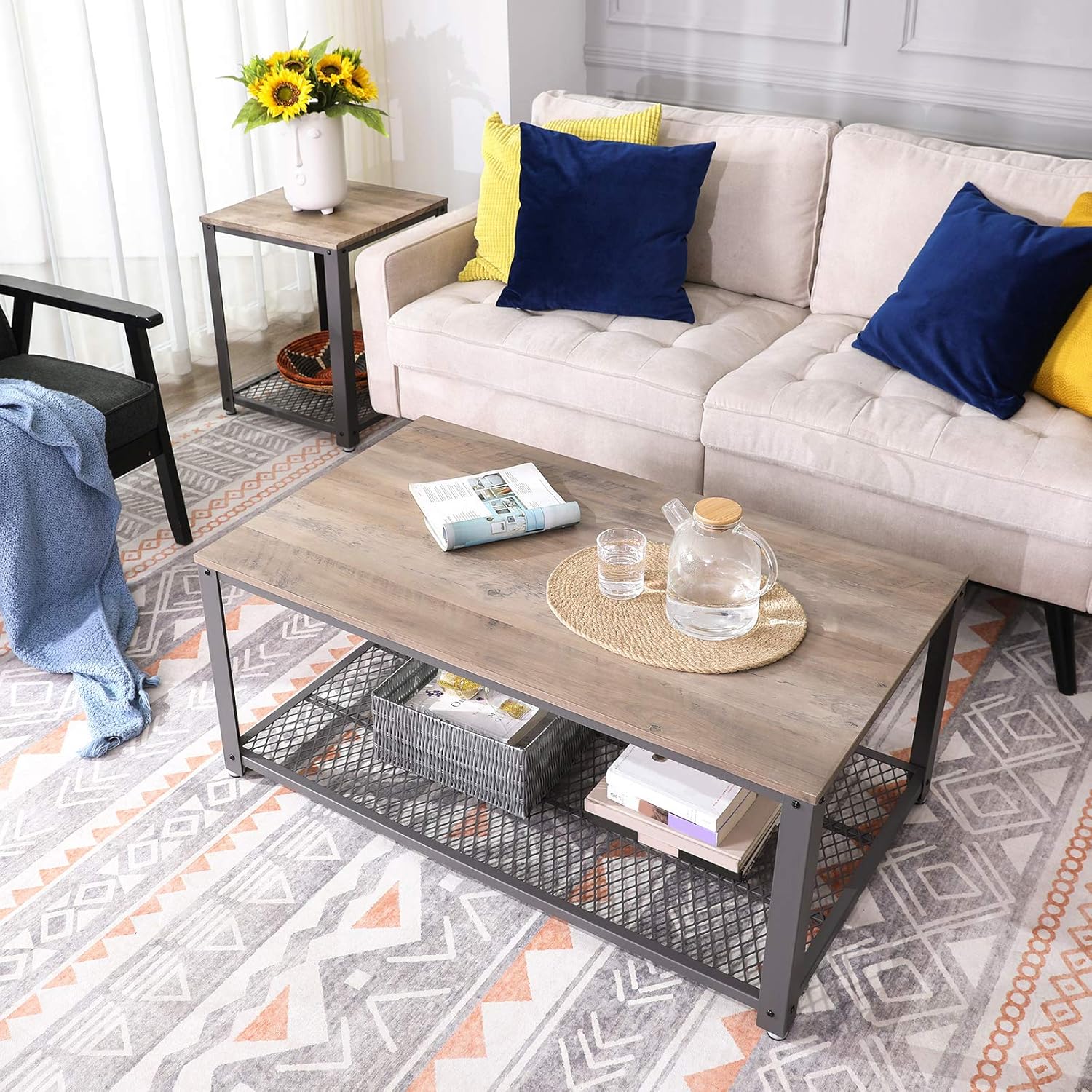 VASAGLE Industrial End Table, 2-Tier Side Table with Storage Shelf, Sturdy, Easy Assembly, Wood Look Accent Furniture, with Metal Frame, Rustic Brown ULET41X: Kitchen & Dining