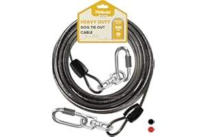 Petbobi Heavy-Duty Dog Tie-Out Cable - 30FT Extra Strong Wire Cable for Large Pets Up to 300Lbs, Rust Proof Dogs Leash with Carabiners and 360° Swivel, Pet Leads for Yard Camping Outside, Black