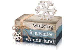 Anglechic 4 Pcs Christmas Table Decorations Winter Snowflake Tiered Tray Decorations Decorative Mini Wooden Books Signs Block Centerpiece for Shelf Office Tabletop Bookshelf Housewarming Gifts