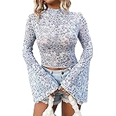 GORGLITTER Women's Floral Bell Sleeve Boho Crop Tops 70s Mesh Vinatge Western Country Concert Blouse Blue and White Medium