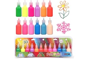Playkidiz Puff Paint, 12 Pack 3-D Fabric Paint, Neon Colors, Permanent Non-toxic Paint Set for Kids, Ages 3+