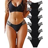 FINETOO Seamless Underwear for Women Cheeky Bikini Panties High Cut V-waist Lace Underwear Women Cute Bikinis 6 Pack