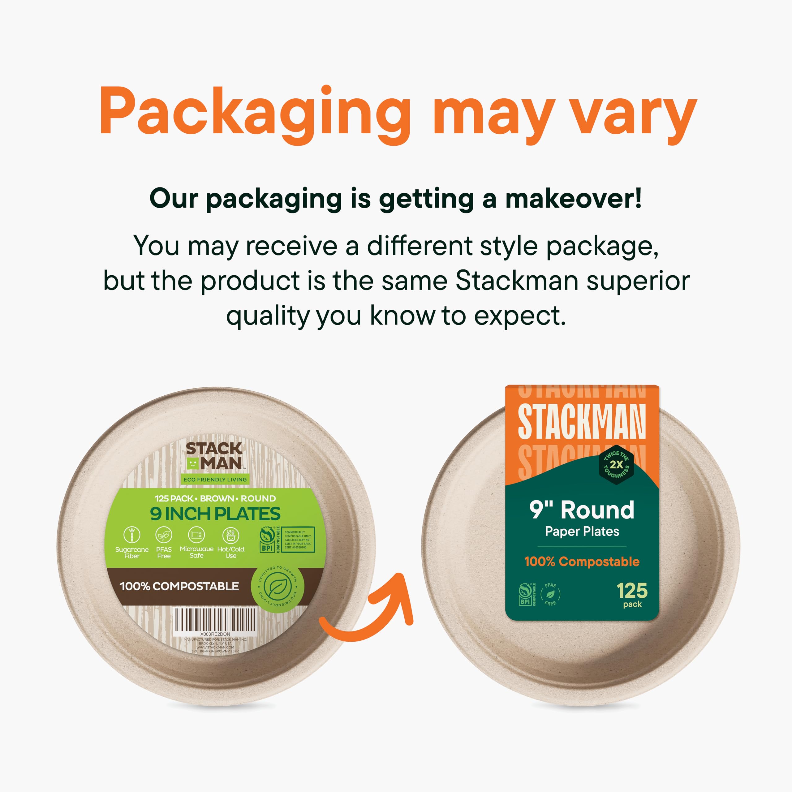 100% Compostable Paper Plates, Heavy Duty Disposable Plates [125-Pack] 9 Inch Plates - Eco-Friendly, Biodegradable Sugarcane Bagasse, Natural Unbleached Brown 9