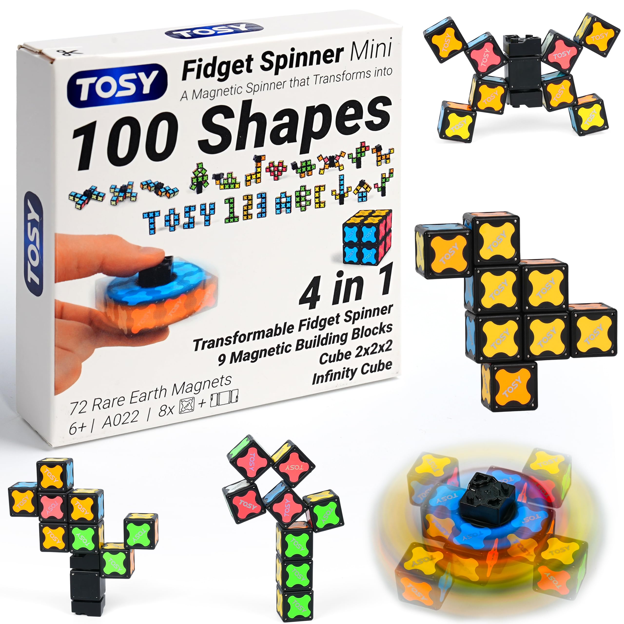 TOSY Magnet Fidget Spinner Mini - 8 blocks, 3 in 1 Toy: Transformable Fidget Spinner, Infinity Cube, 2x2 Puzzle Cube, Easter Birthday Gift for Kids/Adults, STEM Sensory Stress Relief Toy