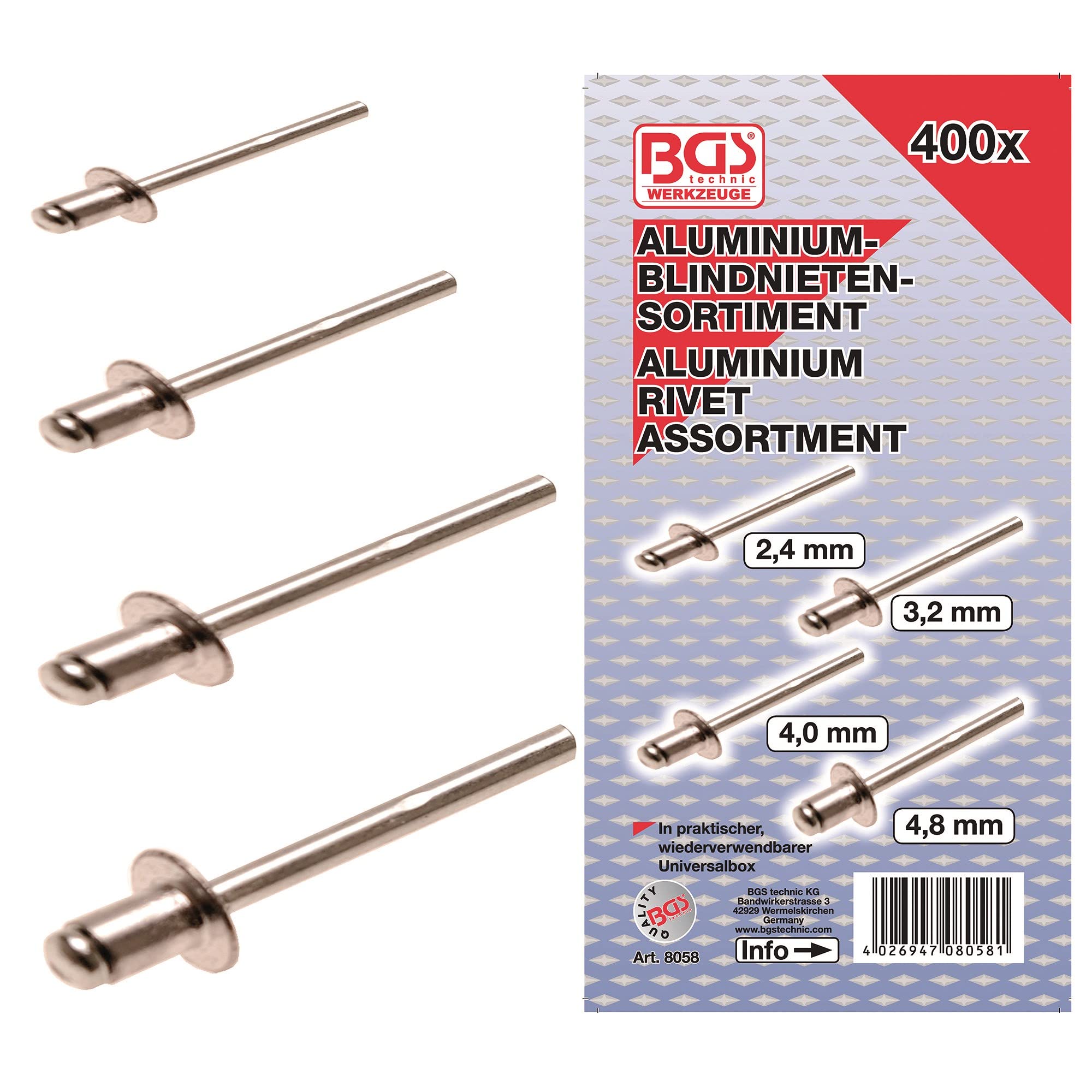 BGS 8058 | Blind Rivets Assortment | Aluminium | Ø 2.4 - 4.8 mm | 400 pcs.
