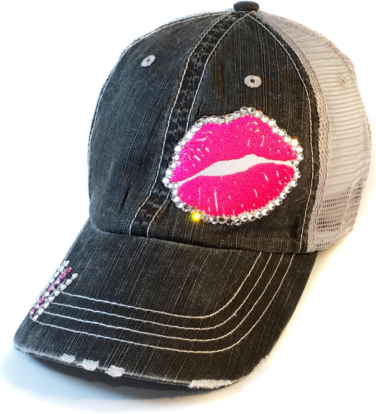Elivata Gloss Boss Baseball Hat - Pink Lips - Swarovski Crystal - Fitted Cap