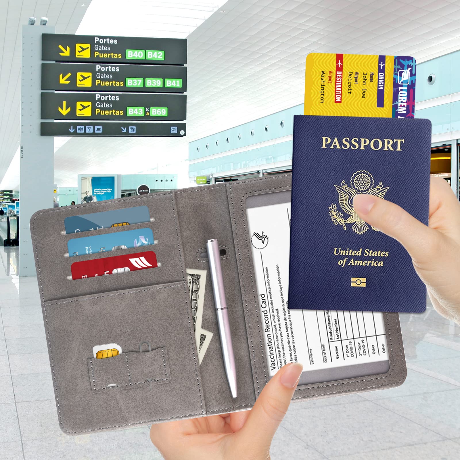 DMLuna Passport Holder Premium PU Leather Travel Passport Wallet RFID Blocking Passport Cover Case Travel Documents Organizer with Magnetic Closure, Free Mini Pen, for Women and Men, Grey