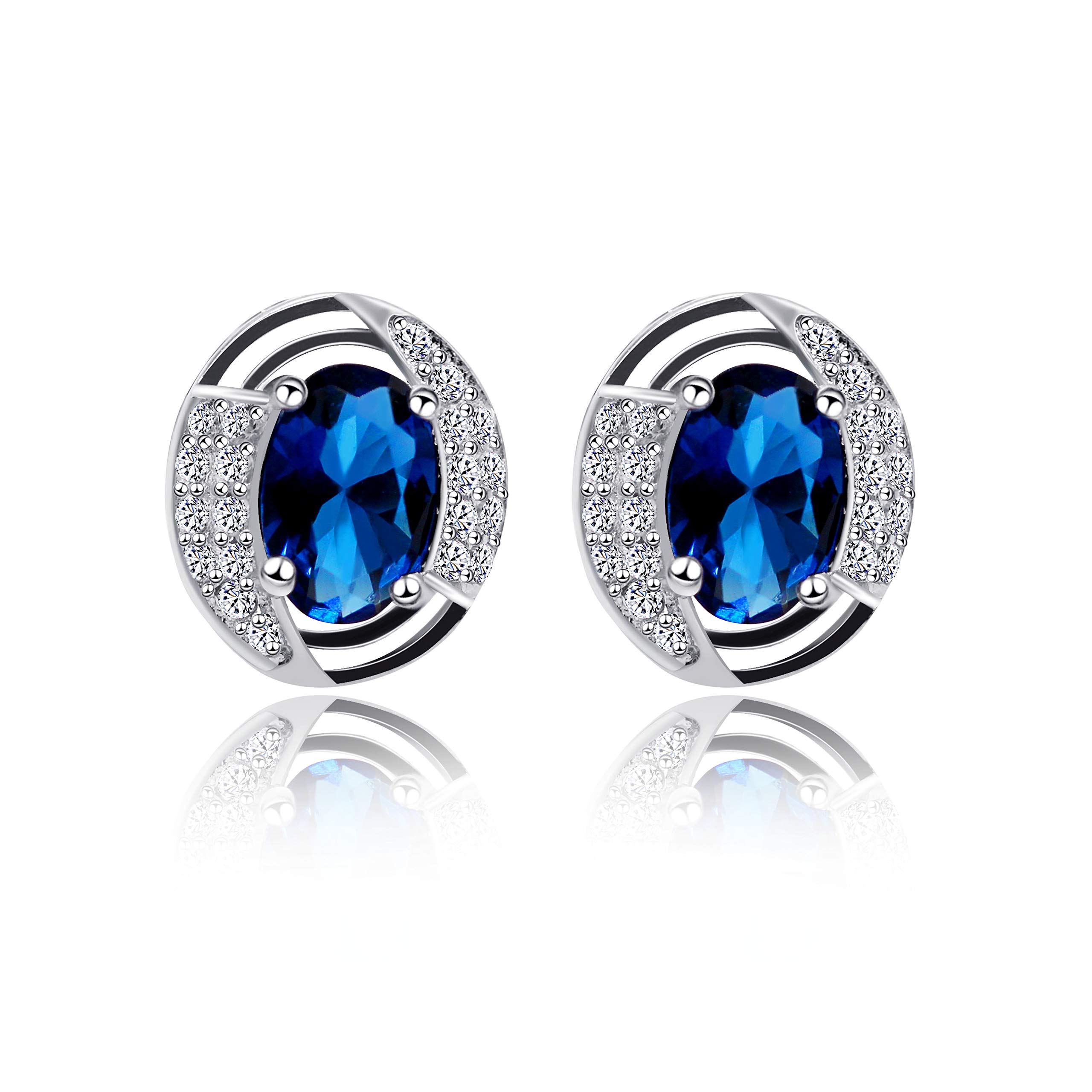 Uloveido Created Blue Sapphire Stone Studs Earrings 925 Sterling Silver for Women Girls Anniversary Wedding Birthday Jewellery Earrings Studs with Blue Crystal LR007