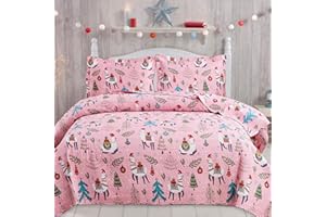 FERDILAN Christmas Quilt Set Queen/Full Size,3 Pieces Reversible Kids Girls Bedding Coverlet Set Lightweight Xmas Pink Alpaca Pine Tree Bedspread Set (Includes 1 Quilt,2 Shams)
