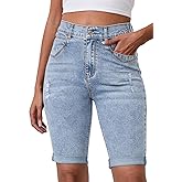 Metietila Womens Jean Shorts High Waisted Stretchy Elastic Waist Denim Bermuda Shorts Summer 10” Inseam Jorts