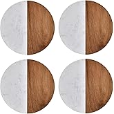 I-LAN Set of 4 Round Natural Wood and Marble Style Drink Coasters for Coffee Wooden Table, Drink Bar Coaster Set/Tea Table Coasters for Living Room,Beer Cans,Bar Glasses,4 x 4 Inch