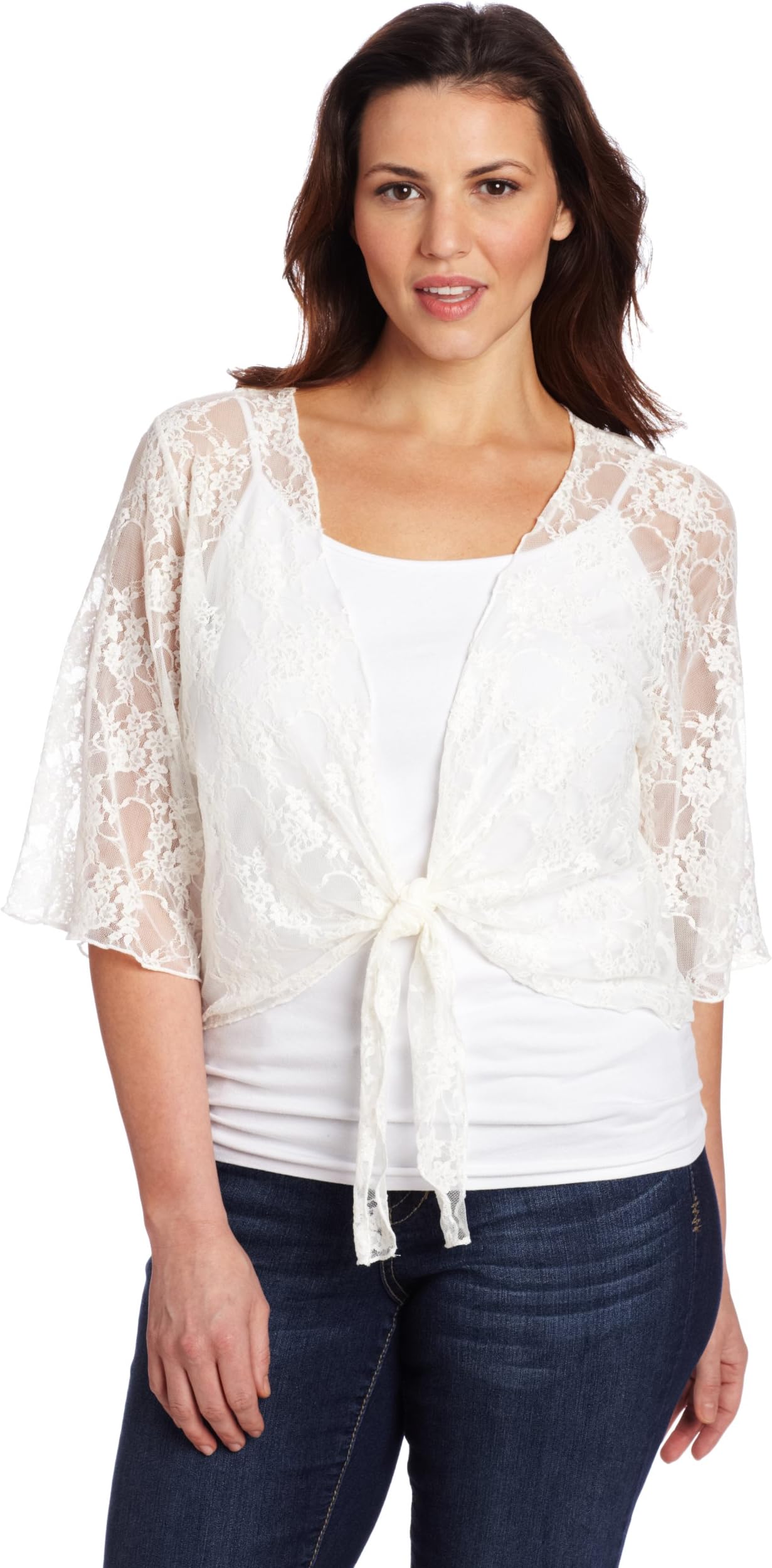 Star VixenWomen's Plus-Size 3/4 Sleeve Lace Tiefront Shrug Sweater