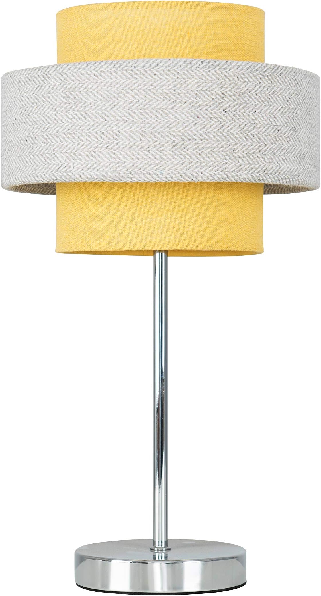 MiniSun | Modern Polished Chrome Touch Table Lamp with a Mustard and Grey Herringbone Shade | Table Lamps, Home Décor & Improvement Essential | Includes 5W LED Bulb [3000K Warm White]