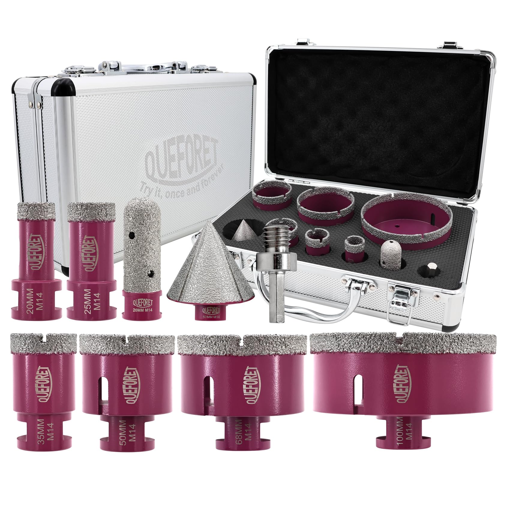 QUEFORET Diamond Drill Bits Set 9pcs - 6pcs 20/25/35/50/68/100mm x M14 Hole Saw, 20mm Finger Milling Bit, 1pc 50mm Beveling Bit, 1pc M14 to Hex Adapter for Ceramic Porcelain Tile Marble Granite