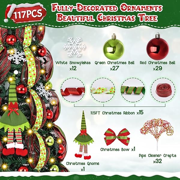 MARTINE MALL 6FT WHIMSICAL POP UP CHRISTMAS TREE WITH 8 MODE 180 WARM LIGHTS, COLLAPSIBLE FOLDABLE CHRISTMAS TREE PULL UP FULLY DECORATED XMAS TREES WITH 117PCS CHRISTMAS ORNAMENTS FOR INDOOR OUTDOOR