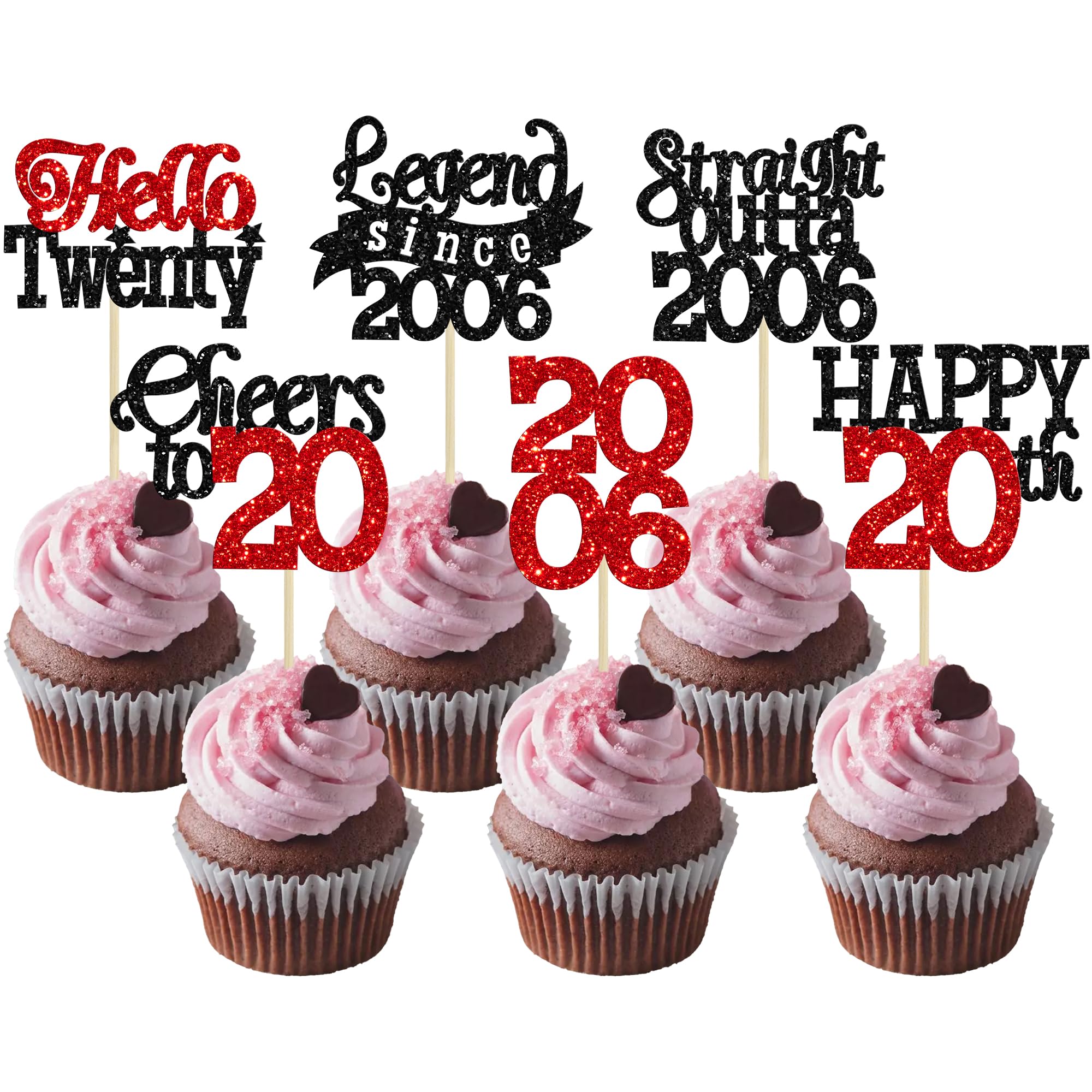 Gyufise 24Pcs Happy 20th Birthday Cupcake Toppers Hello Twenty Legend Since 2006 Cupcake Picks Cheers to 20 Years Cake Decorations for 20th Birthday Anniversary Party Decorations Supplies Black Red