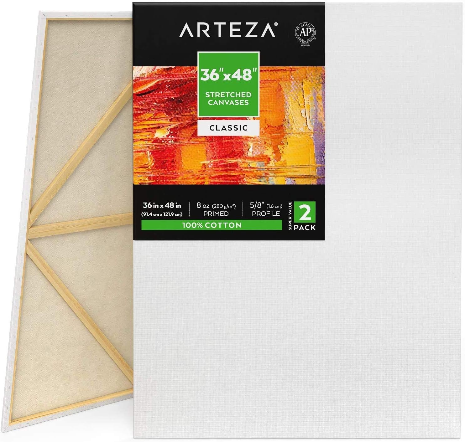 Arteza 90 x 120 cm (36"x48”) Stretched White Blank Canvas, Bulk Pack of