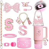 Mity rain 9PCS Pink Cup Accessories Set for Stanley Cup 30oz 40oz tumbler with handle - Includes Strap,Straw Bow Decorate,Straw Topper,Boot,Spill Proof Stoppers,Handle Charms,Sticker (Initials S)