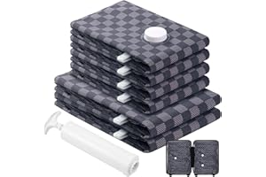 HATISAN 6 Pack Cloth Vacuum Storage Bags, Vacuum Seal Bags for Clothing with Hand Pump, 2 Large+4 Medium, 80% Space Saver Bags for Luggage, Comforters,Blankets, Home Travel Essentials (Dark Blue Checkered)