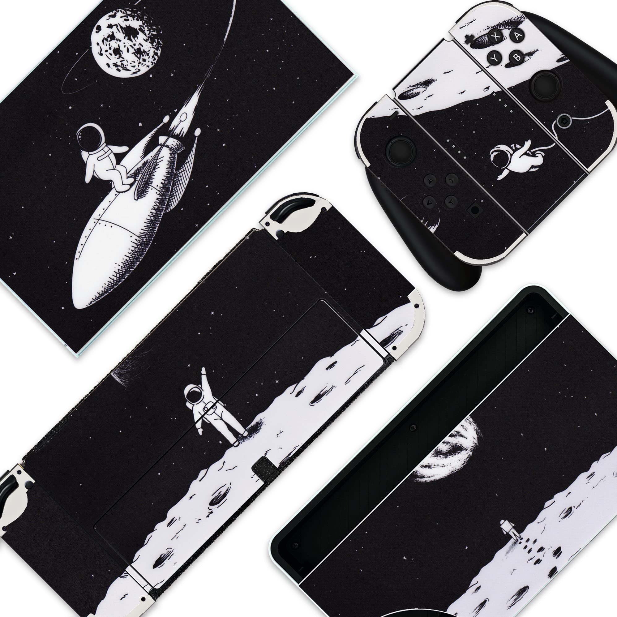 BelugaDesign Space Switch Skin | Cool Kawaii Sticker Wrap Vinyl Decal | Galaxy Spaceship Astronaut Moon Cute Cutecore | Compatible with Nintendo Switch (Switch OLED, Black White)