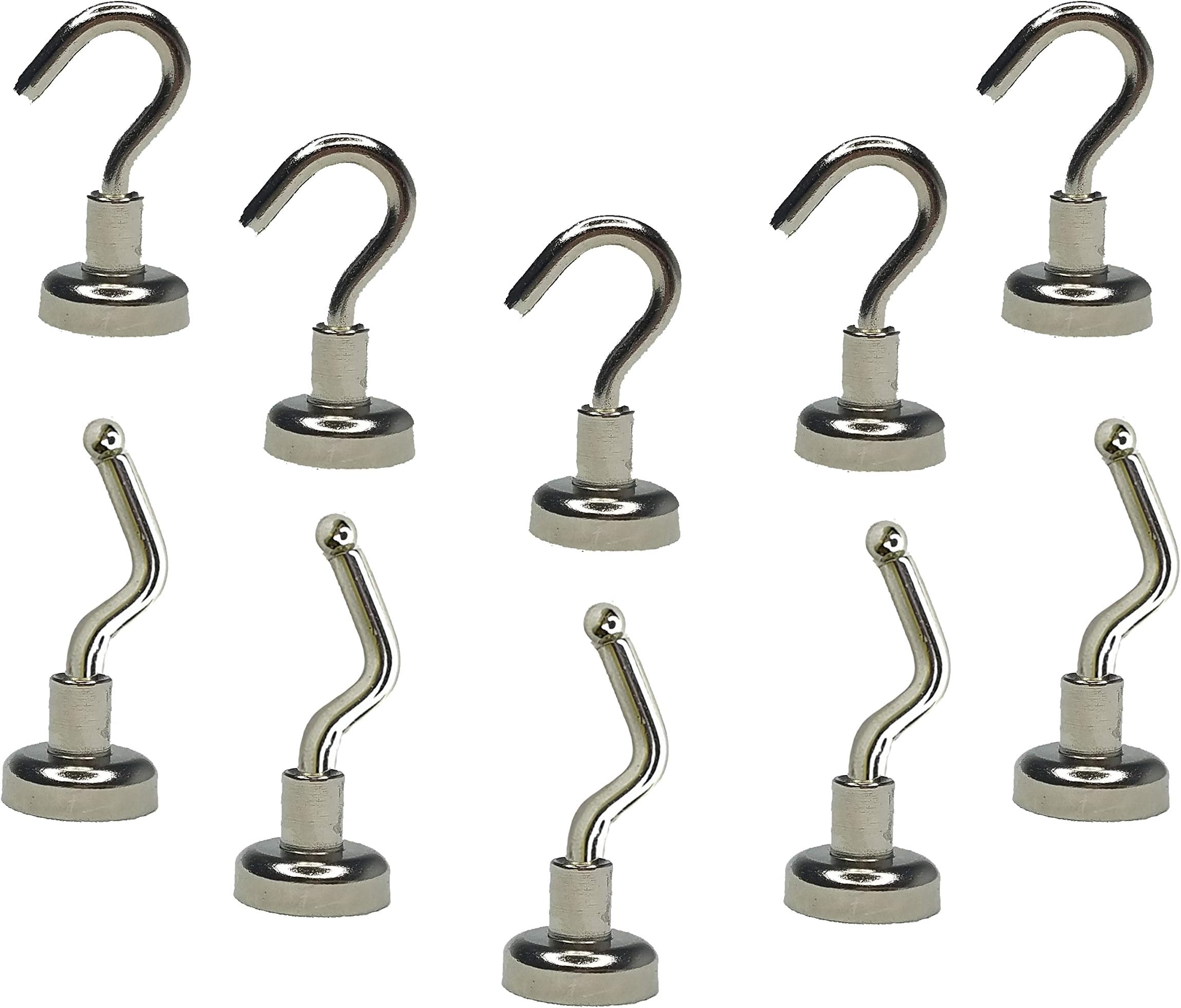 Magnetic Hooks | Heavy Duty Neodymium Rare-Earth Magnets| Nickel Coated for Indoor and Outdoor Hanging (10-Pack)