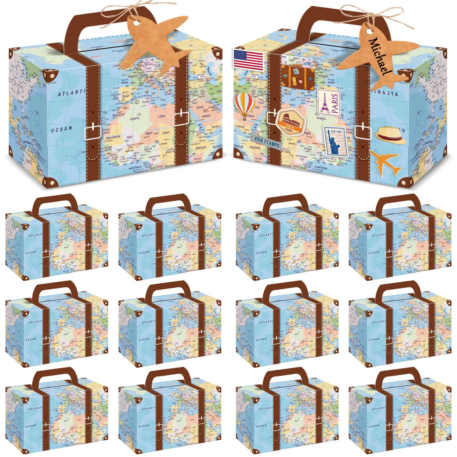 Photo 1 of 24Pcs Large Suitcase Party Favor Boxes Travel The Map Paper Treat Box with Tags Birthday Supplies Travel Theme Candy Goodie Gift Boxes for Birthday Baby Shower Wedding Adventure Party Table Decoration