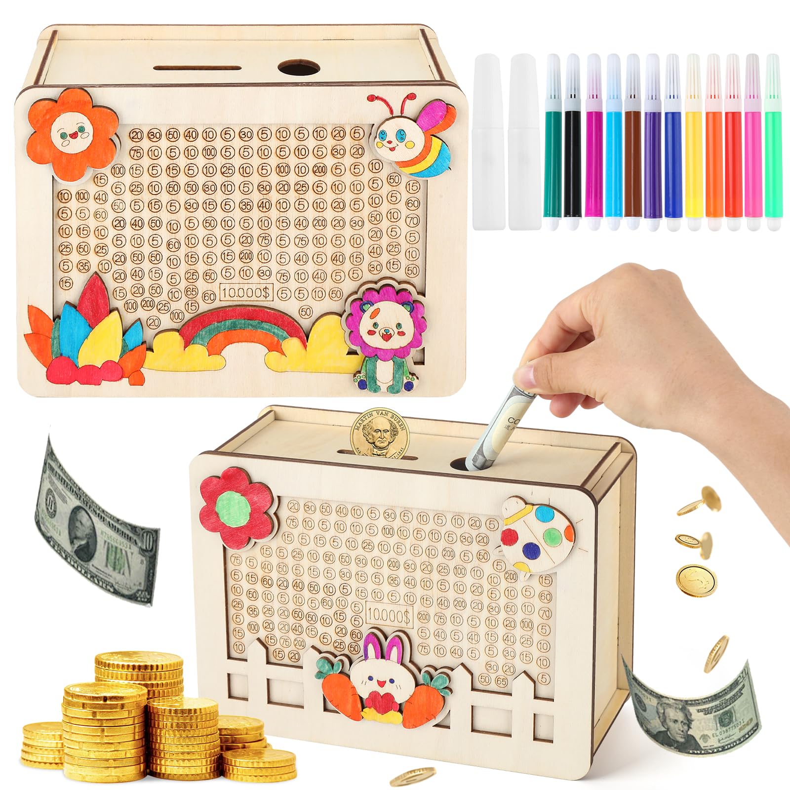 Photo 1 of 2 Pcs Savings Challenge Box, Wooden Cash Saver Money Box, DIY Cash Coin Vault Piggy Bank with Coloring Pen for Adults Kids, Money Box with Savings Target and Figures($1000)