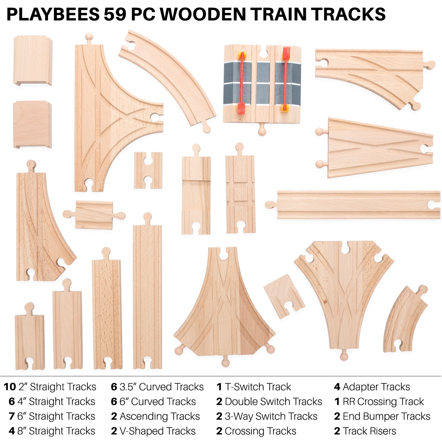 Playbees Wooden Train Track Set 59 Pcs, Wooden Railroad Pieces