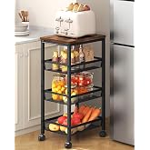 Hoctieon Rolling Storage Cart, 4-Tier 11.8" Wide Panel Kitchen Storage Cart, Utility Carts with Handle &amp; Wheels, Mobile Shelving Unit, Metal Frame Narrow Carts for Home Kitchen, Laundry, Rustic Brown