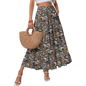Zeagoo Women's Chiffon Elastic High Waist Pleated Maxi Skirt with Pockets | Chiffon Elastic Waist Flowy A Line 3 Tiered Pleat