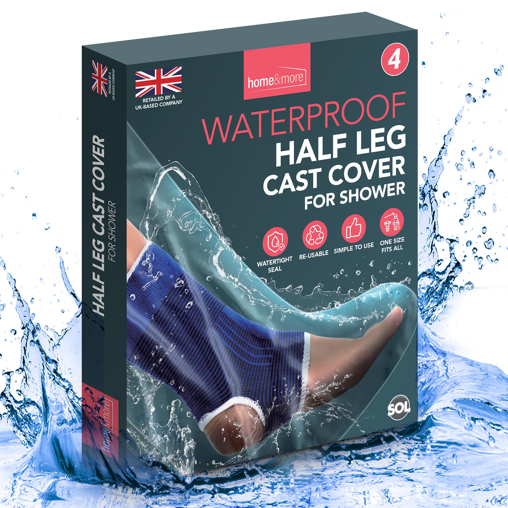 SOL 4pk Waterproof Half Leg Cast Cover for Shower, Boot Guard, Foot Plaster and Bandage Protector Sock for Showering, One Size Fits All, Lightweight, Comfortable, Reusable, Easy to Use, Secure Seal