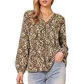 Allegra K V Neck Floral Long Sleeve Tops for Women's Casual Puff Sleeve Vintage Boho Tunic Blouse T-Shirts