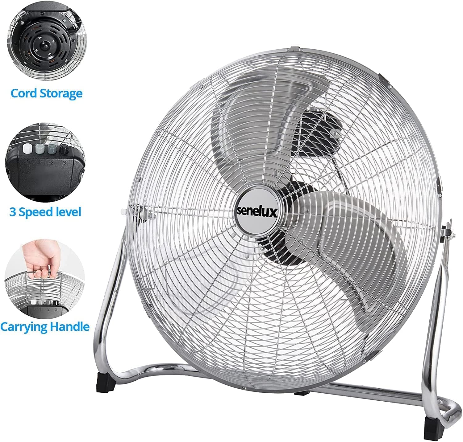 Senelux Bodenventilator – Fitnessstudio-Ventilator aus Chrom – 16-Zoll-elektrischer tragbarer Kühlventilator für den Heim-/Fitnessraum-/Bürogebrauch – 3 Geschwindigkeitseinstellungen mit Kippfunktion 5