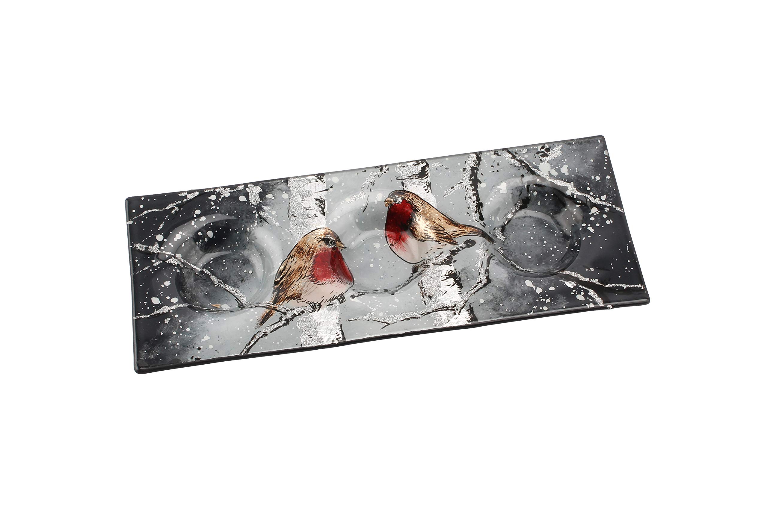CGB Giftware | Winter Robin Glass 3 x Tea Light Plate | Winter Robin Range | Tea Light Holder | Christmas | Tableware