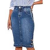 Anagrom Straight Knee Length Stretch Denim Jean Skirt for Women Size 0-22 Regular and Plus Size Side Button Details