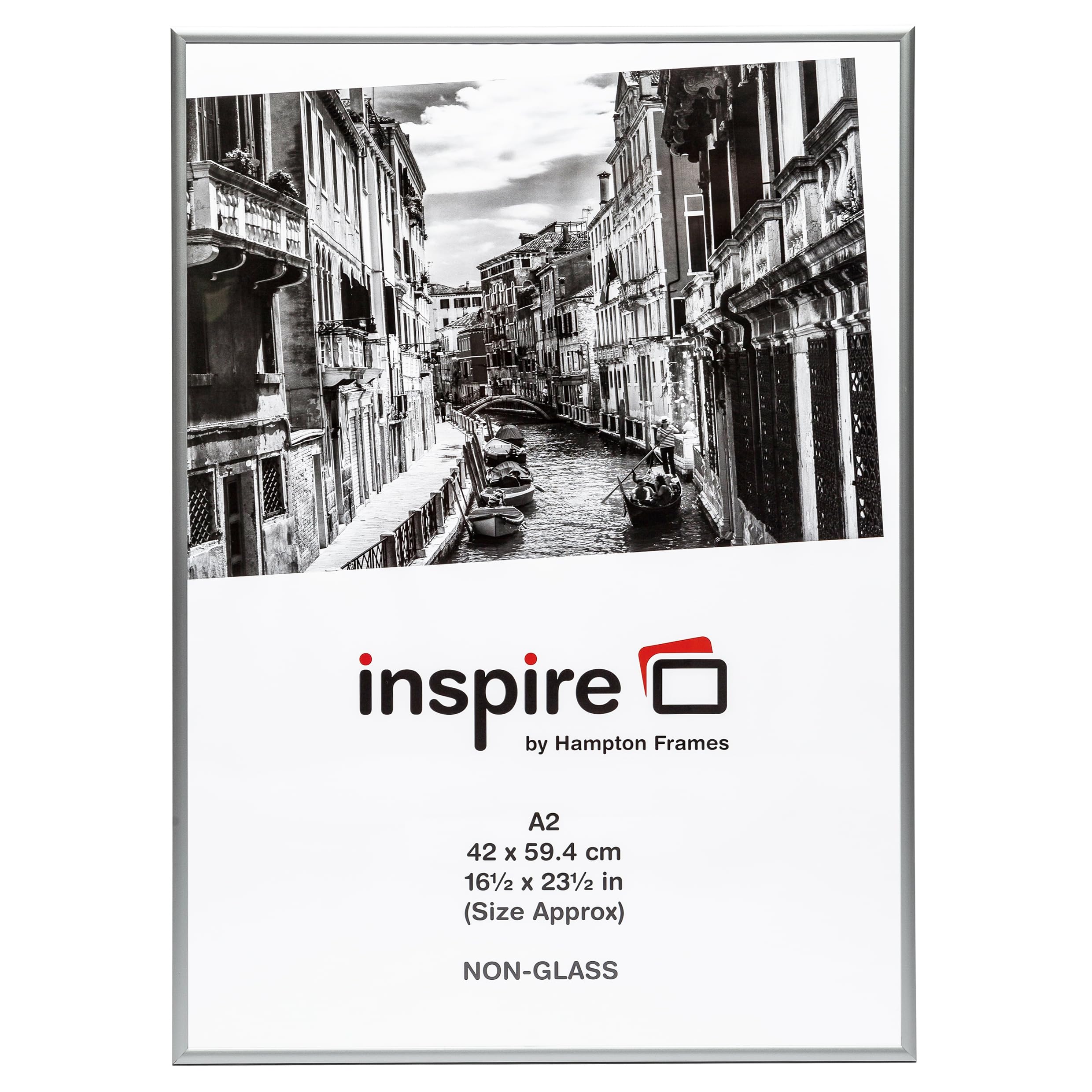 Hampton Frames | Poster Photo Frame | A2 Size, Silver, Aluminium, Acrylic Front | Brushed Satin Finish, Wall Hanging, Easy Access Spring Clips | Lightweight, Shatterproof Display