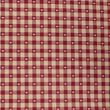 Gardinenstoff Stoff Dekostoff Meterware kariert mit Herzen rot beige