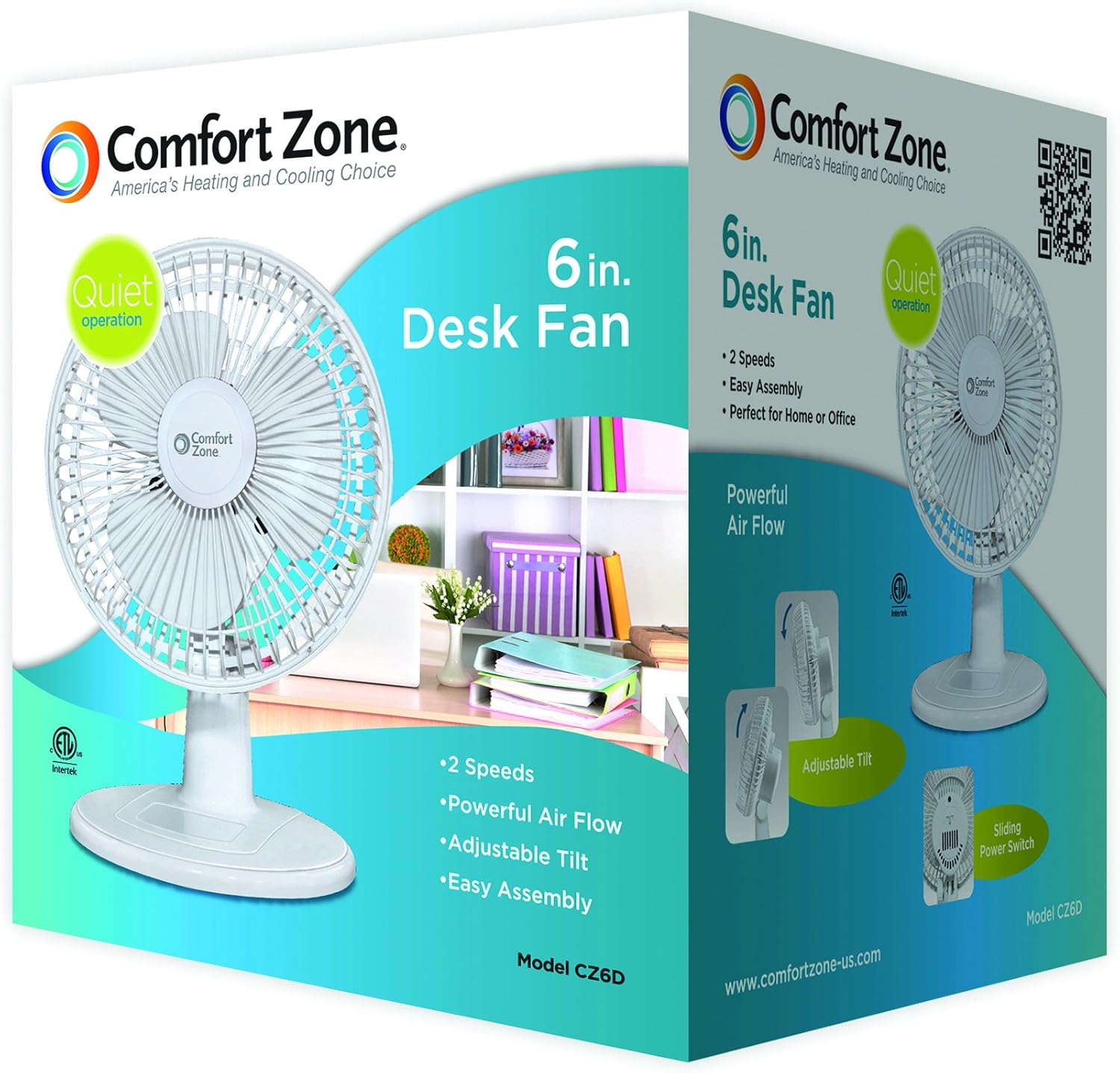 Comfort Zone CZ6D 6-inch Quiet Portable Indoor 2-Speed Desk Fan with Stable Base and Adjustable Tilt, White: Home & Kitchen