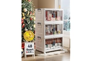 OlarHike 144QT Lockable Storage Bins with Lids - Folding Storage box with Doors and Wheels, Collapsible Plastic Bins for Closets, Stackable Organizer and Containers, Christmas Gifts, 3 Pack Cubes