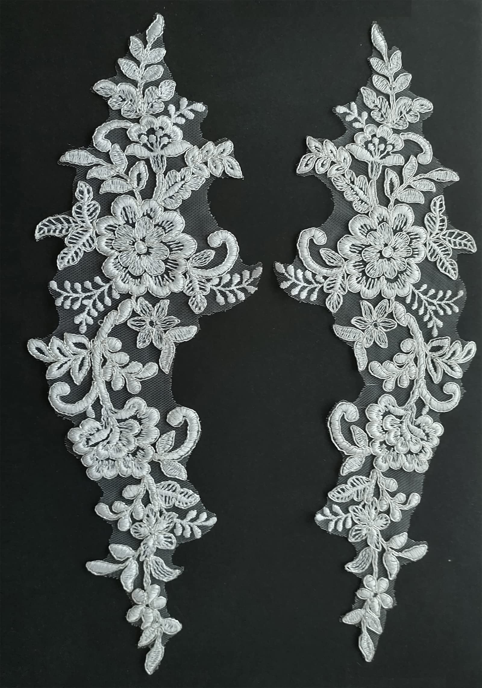 2 Pieces Extra Large Embroidered Bridal Lace Applique Trim Motif with Corded #41A (Metallic Silver White)