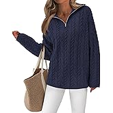 PRETTYGARDEN Womens Spring Sweaters 2026 Long Sleeve Quarter Zip Pullover Sweater Casual Loose V Neck Cable Knit Jumper Tops