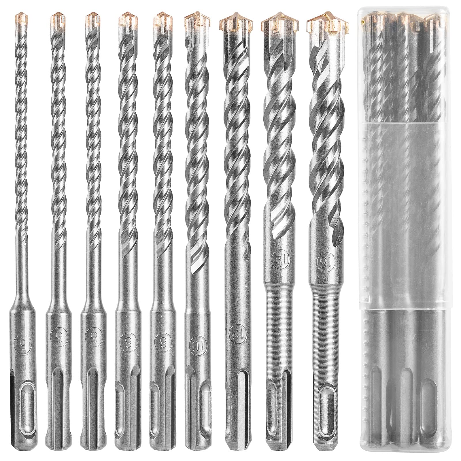 SDS Plus Drill Bit Set 9 Pieces, Concrete Drill 160 mm Long, Hammer Drill Set, SDS Masonry Drill, YUHIAKE Tools for Drilling Concrete, Stone, Wood, Brick, Tiles